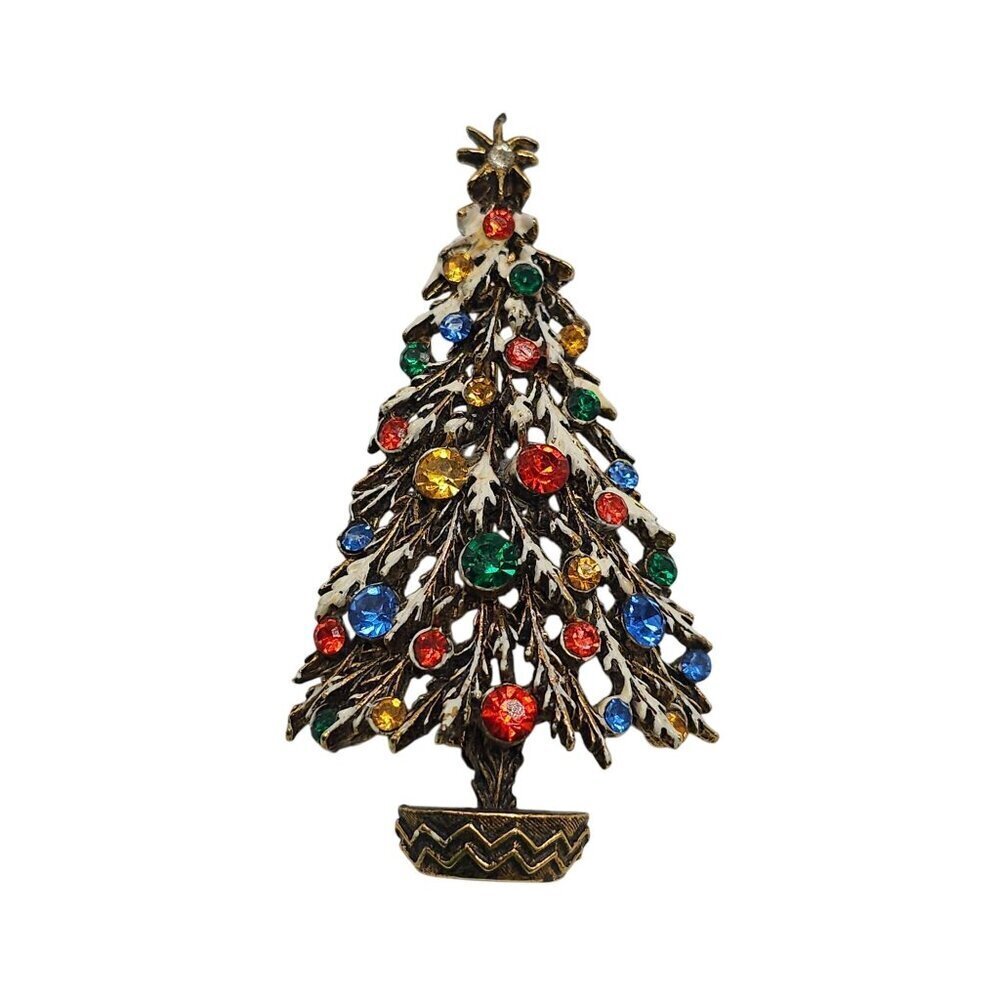 Vintage ART Signed Snowy Christmas Tree Brooch Pin With Colorful Rhinestones